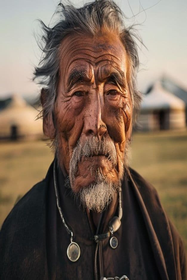 Elderly Mongolian nomad man with weathered face wearing traditional deel robe at golden hour