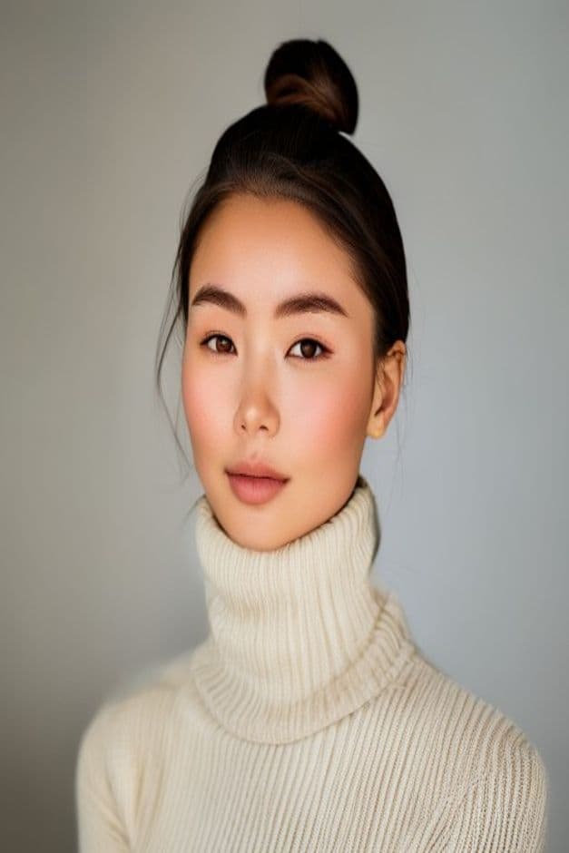 Modern young Mongolian woman in cashmere turtleneck, studio portrait