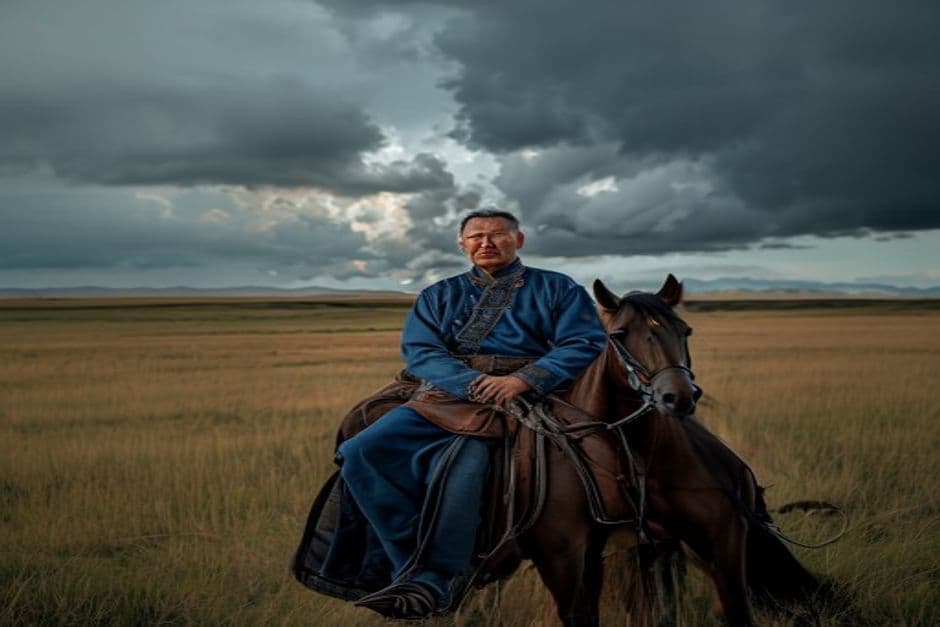 Mongolian horseman on the open steppe with dramatic skies