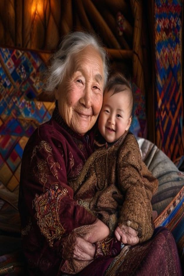 Mongolian grandmother and grandchild inside a ger with warm interior light