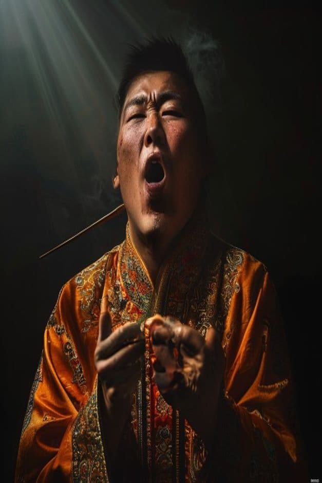 Mongolian throat singer mid-performance with ornate ceremonial deel
