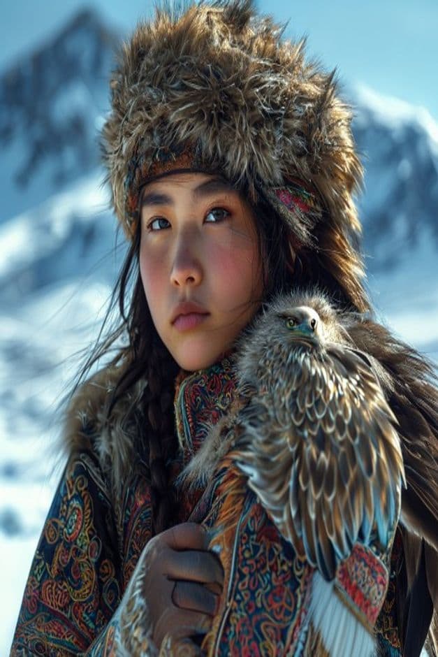 Kazakh-Mongolian eagle huntress with golden eagle and snowy mountain backdrop