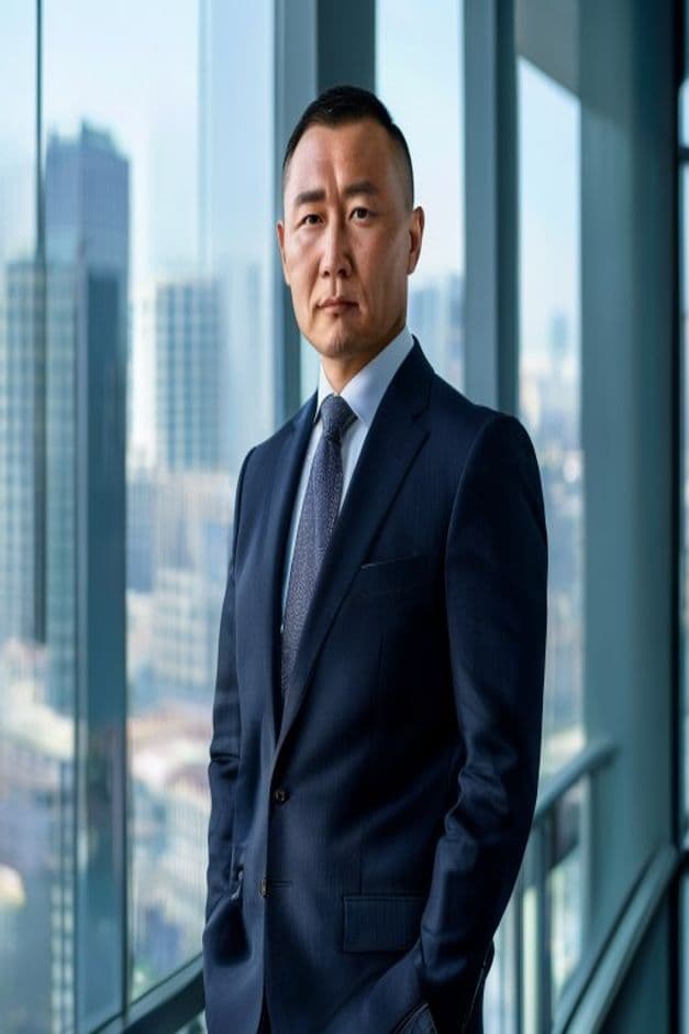Mongolian businessman in Ulaanbaatar with city skyline behind