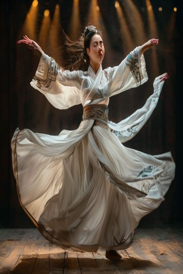 Mongolian traditional dancer in flowing white and silver costume