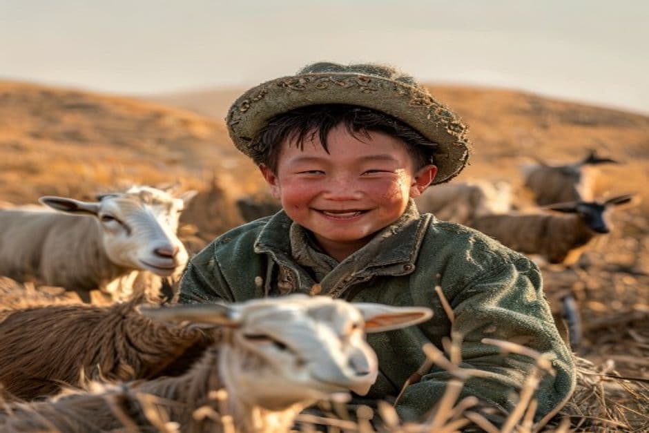 Mongolian herder boy with cashmere goats on autumn steppe