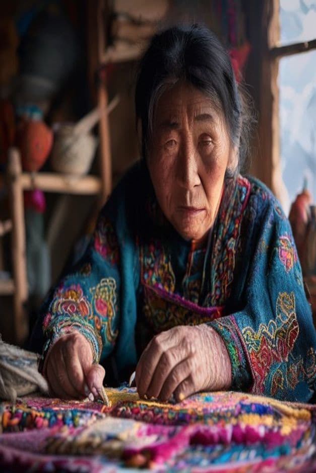 Mongolian felt artisan at work with colorful wool in her workshop